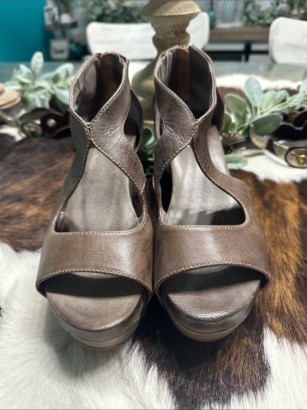Antelope Taupe Cutout Peep-Toe Wedges